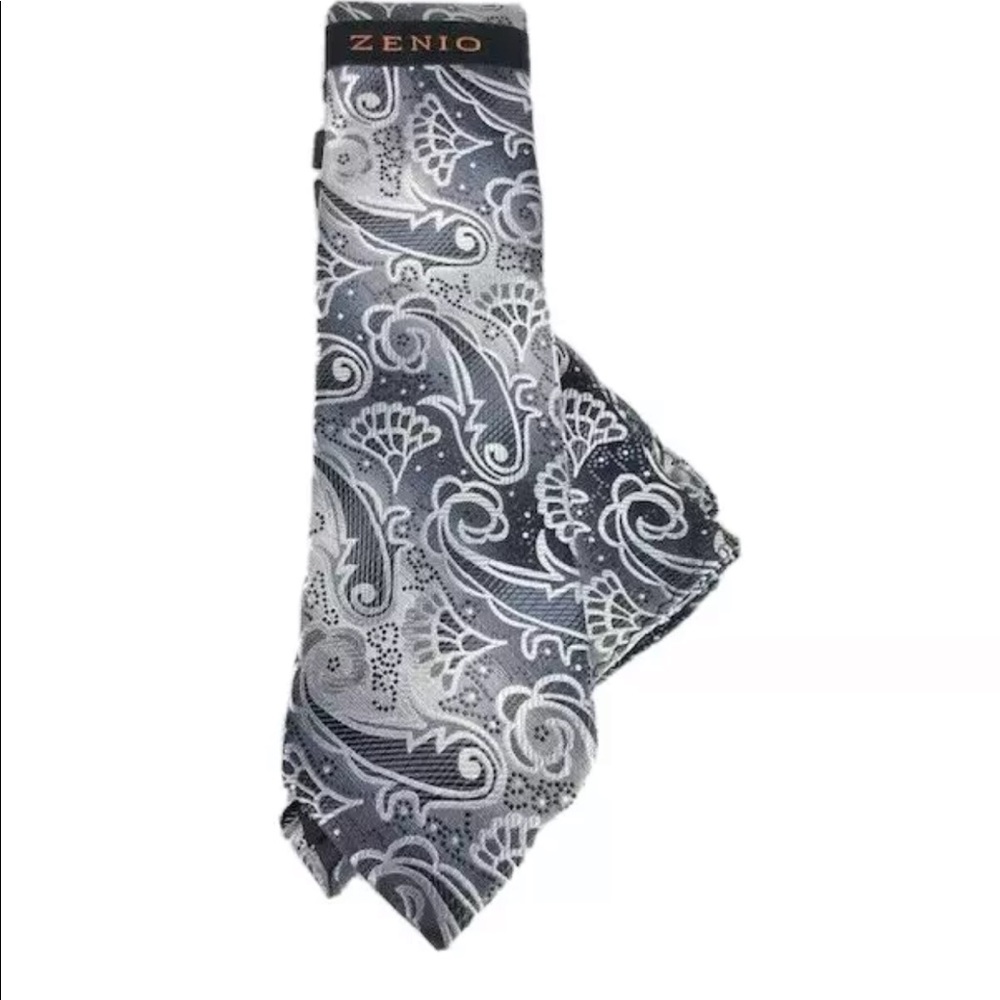 Zenio Men's Skinny Tie & Hanky Black Silver Charcoal Gray 100% Microfiber 3"